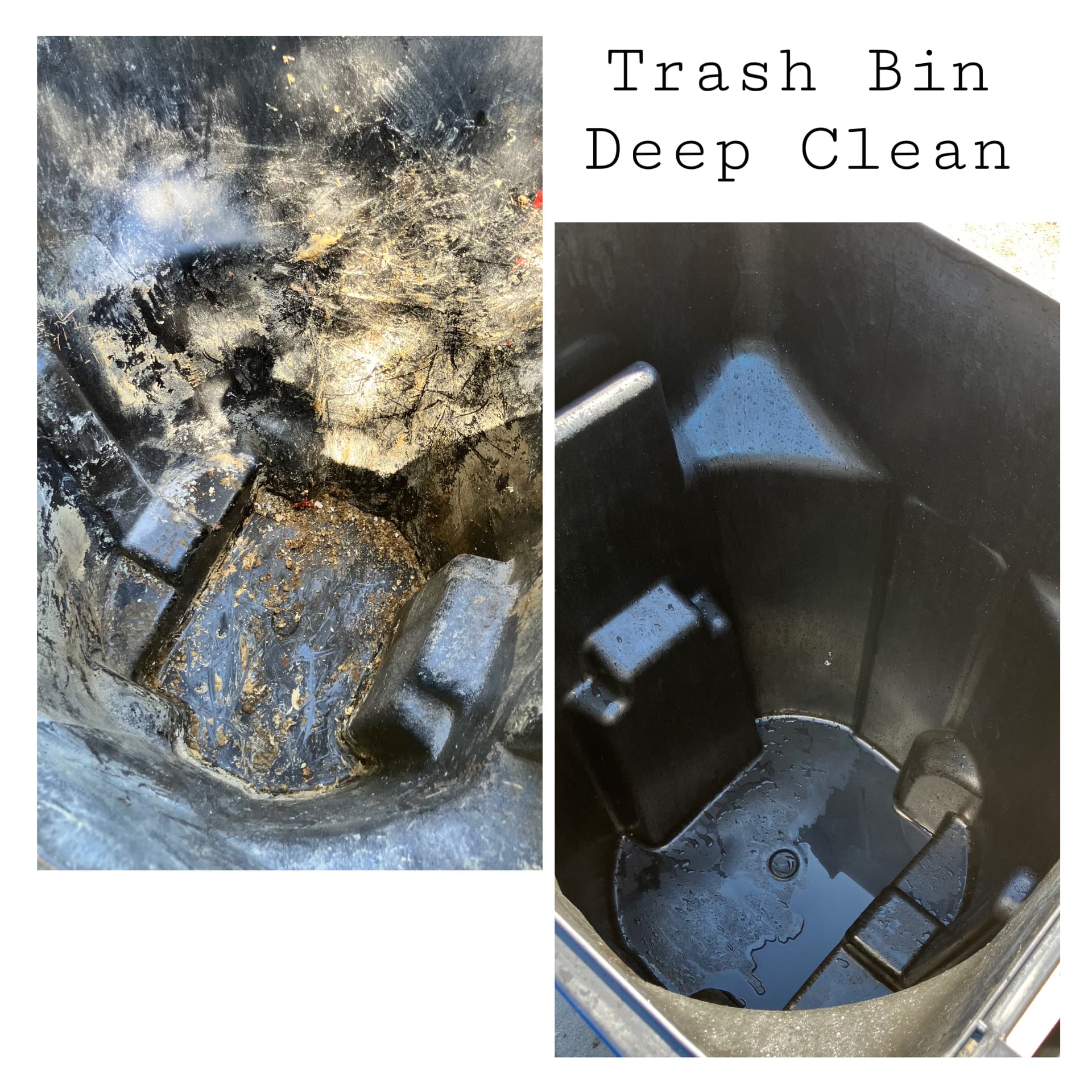 Before and after deep cleaning of a dirty trash bin
