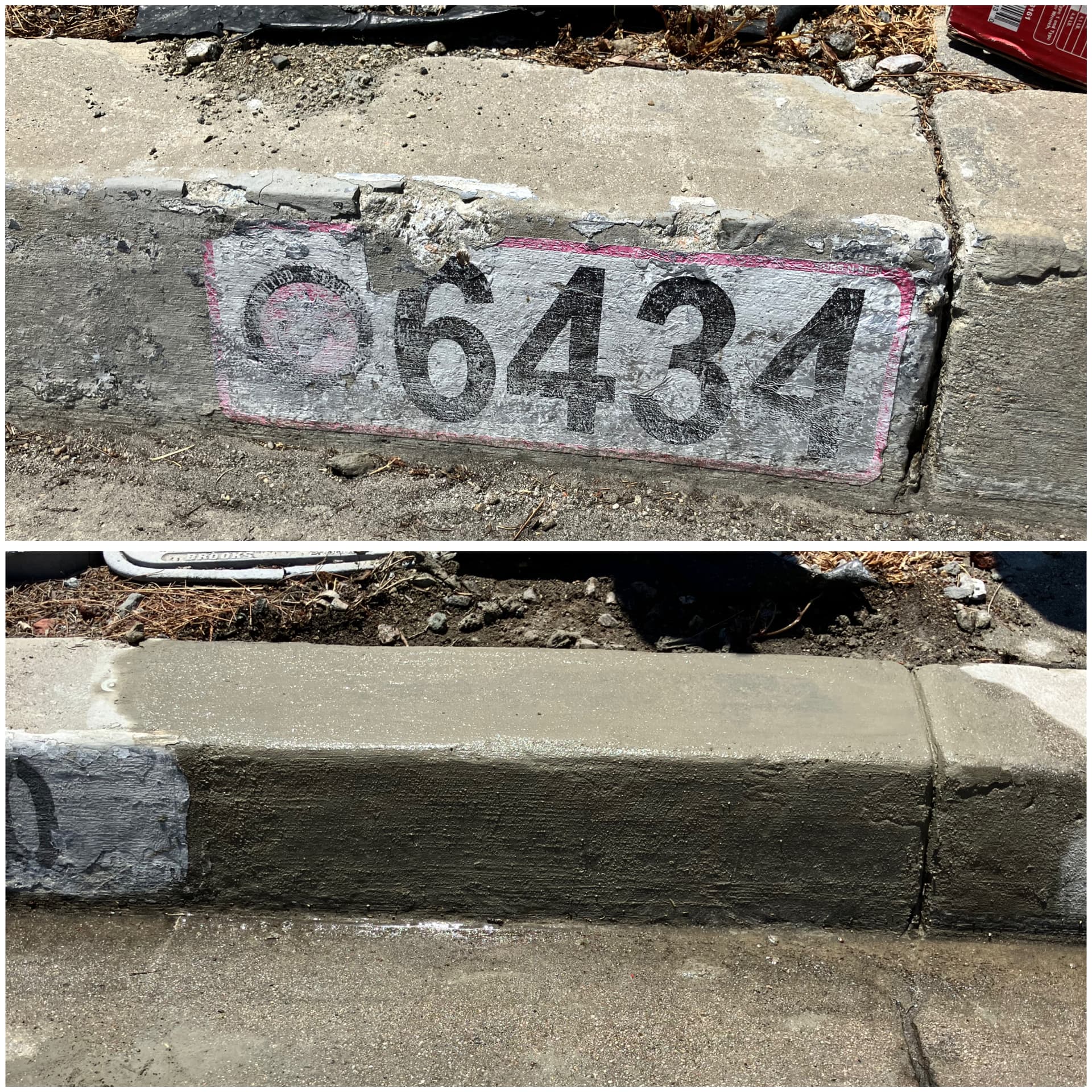 Damaged 6434 curb face repaired and restored to a smooth concrete finish