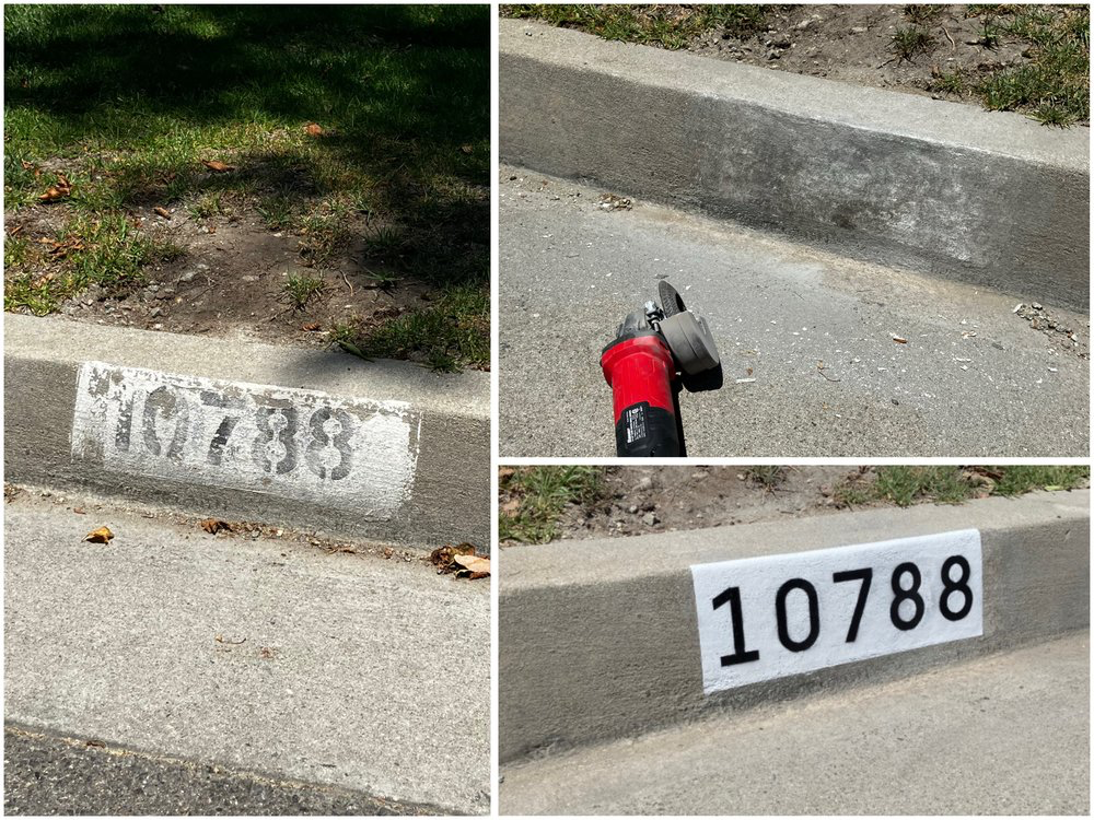 Worn 10788 curb number cleaned and repainted to like-new condition