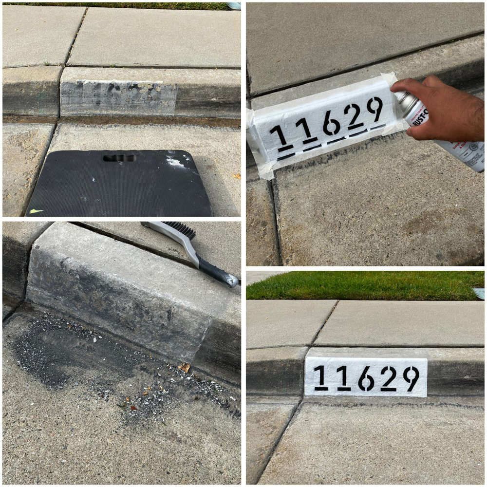 Step-by-step curb address painting of 11629 from prep to finished result