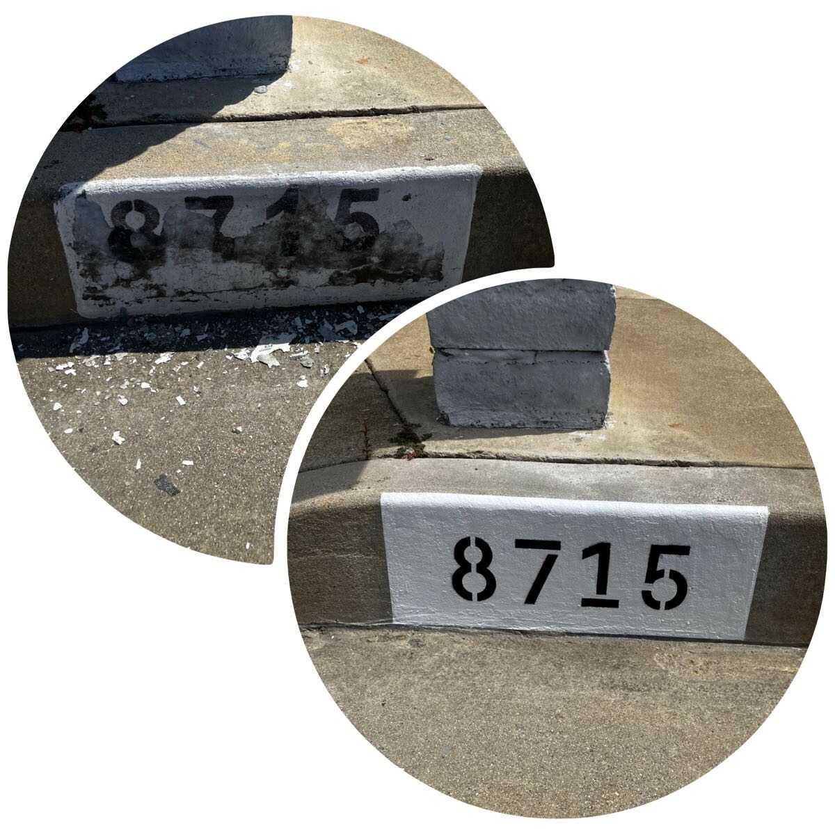 Before and after restoration of a worn 8715 curb address